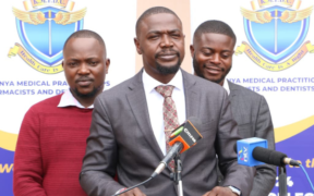 KMPDU Secretary General Davji Bhimji Atellah and others while addressing the Media on matters related to Coast General Hospital on February 23,2026