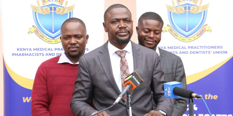 KMPDU Secretary General Davji Bhimji Atellah and others while addressing the Media on matters related to Coast General Hospital on February 23,2026
