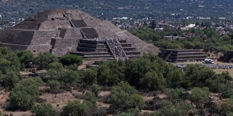 Drone view shows visitors at the Teotihuacan Pyramids in Mexico on March 21,2026