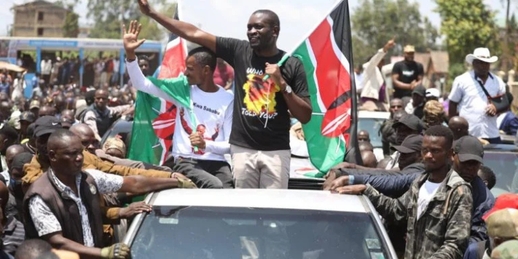 Edwin Sifuna and Babu Owino during Linda Mwananchi Rally in Nakuru PHOTO/Sifuna
