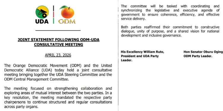 Joint statement issued at State House, Nairobi on April 23, 2026, following a UDA–ODM consultative meeting chaired by President William Ruto and ODM leader Oburu Oginga, outlining the formation of a Broad-Based Management Committee to coordinate government and parliamentary agendas.