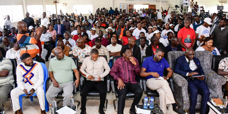 Nairobi Senator Edwin Sifuna, Siaya Governor James Orengo, Embakasi East Member of Parliament Babu Owino, and Vihiga Senator Godfrey Osotsi attend a church service at the PAG Kivumbini in Nakuru on April 19,2026 PHOTO/Linda Mwananchi