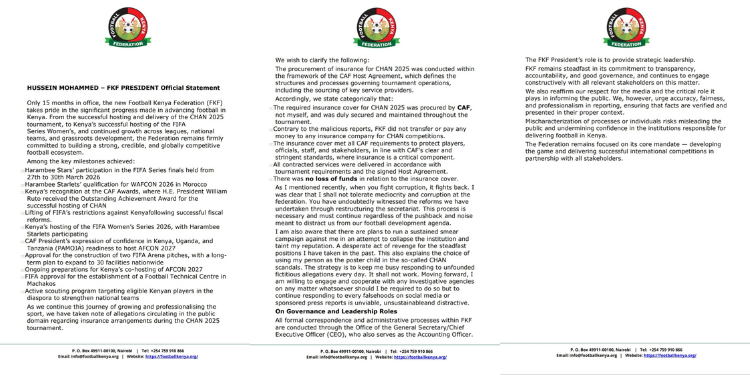 Hussein Mohammed -FKF President official statement dated April 25,2026 listing his achievements in the last 15 months as the president PHOTO/Hussein/X