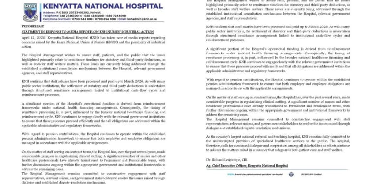KNH has responded to media reports regarding concerns raised by the Kenya National Union of Nurses (KNUN) and the possibility of industrial action from Monday, April 12.