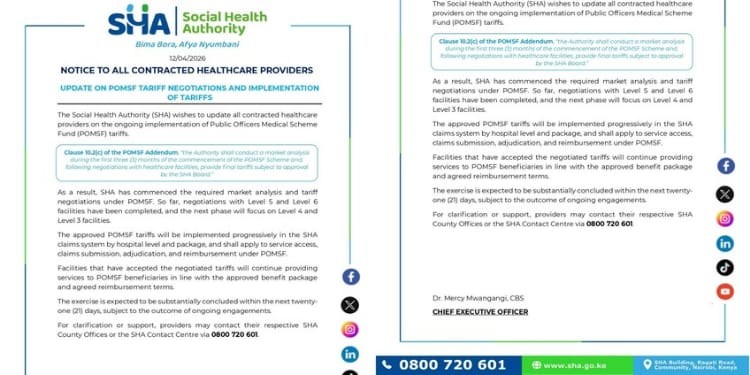 SHA Chief Executive Officer (CEO) Dr. Mercy Mwangangi has updated all contracted healthcare providers on the ongoing implementation of Public Officers Medical Scheme Fund (POMSF) tariffs. PHOTO/ SHA X.