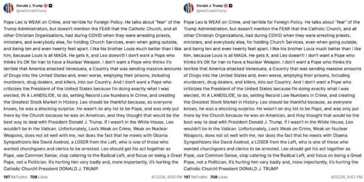 US President Donald Trump's statement on Truth Social criticizing Pope Leo XIV, following the pontiff’s strong anti-war message. PHOTO/ Trump Truth Social.