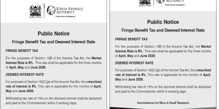 KRA said the rate will guide the computation of Fringe Benefit Tax (FBT) AND deemed interest rate