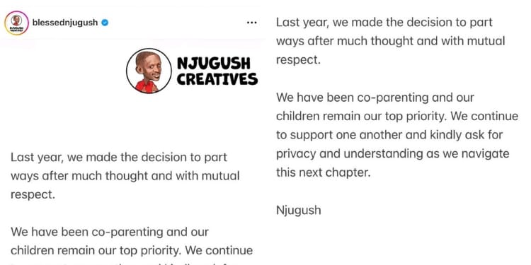 Njugush has issued a statement confirming breakuo with his wife Wakavinye. PHOTO/ Njugish IG.