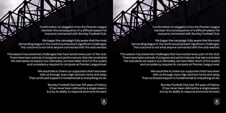 Burnley Football Club statement on April 23, 2025. PHOTO/ Burnley Football Club X.