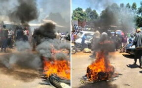 Protestors lit tyres on the busy Kisumu-Busia Highway in protest of the attack of Vihiga Senator Godfrey Osotsi. PHOTO/ kenyans.co ke