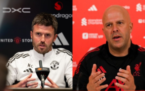 Manchester United's manager Michael Carrick and Liverpool's manager Arne slot PHOTO/Clubs