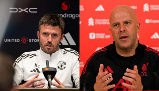 Manchester United's manager Michael Carrick and Liverpool's manager Arne slot PHOTO/Clubs