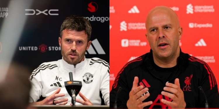 Manchester United's manager Michael Carrick and Liverpool's manager Arne slot PHOTO/Clubs