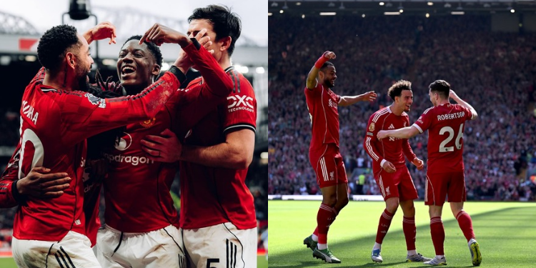 Photo collage of Manchester United players and Liverpool players during win celebrationsPHOTO/Clubs/Acc