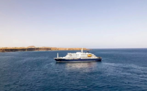 Aerial view of the Atlantic Cruise Ship off the port of Praia,the capital of Cape Verde on May 3,2026 PHOTO/AFP