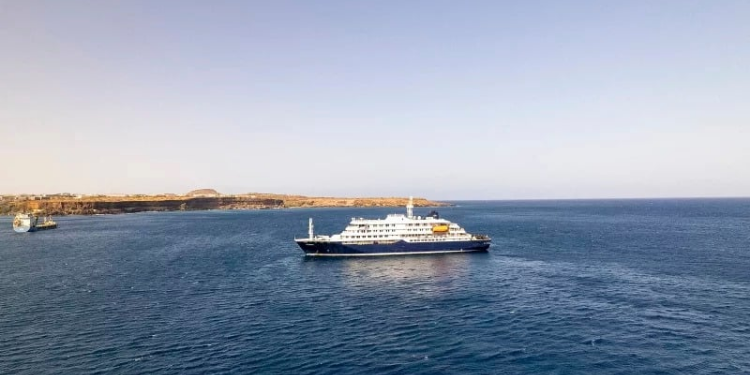 Aerial view of the Atlantic Cruise Ship off the port of Praia,the capital of Cape Verde on May 3,2026 PHOTO/AFP
