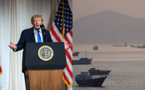 Photo collage of President Donald Trump and the Cargo ships seen at the Strait of Hormuz PHOTO/File