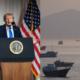 Photo collage of President Donald Trump and the Cargo ships seen at the Strait of Hormuz PHOTO/File