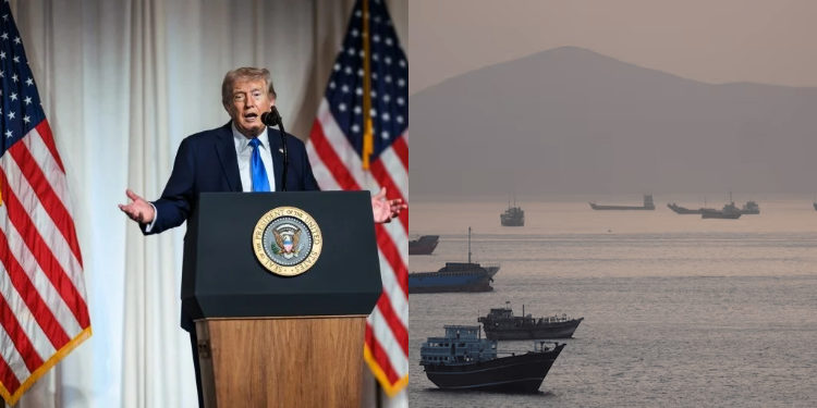 Photo collage of President Donald Trump and the Cargo ships seen at the Strait of Hormuz PHOTO/File