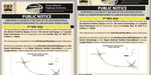 Traffic Advisory to Motorists Ahead of the Coming Nairobi Marathon PHOTO/KeNHA 