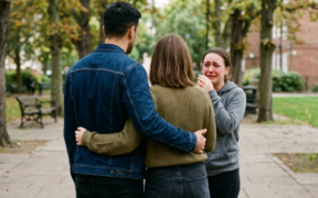 AI Image of a man embracing a woman from behind while another woman stands facing them in tears, creating a dramatic, emotional scene.