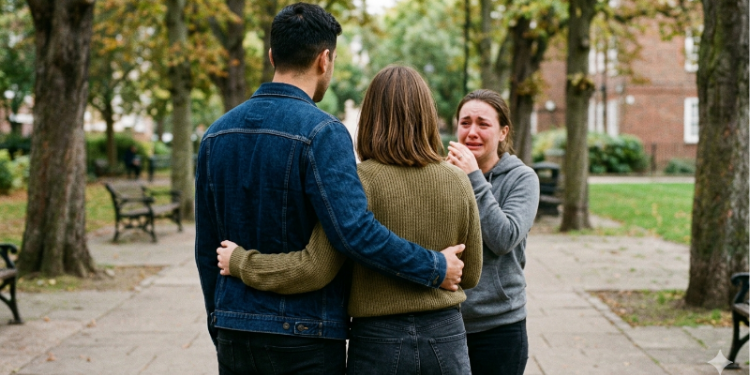 AI Image of a man embracing a woman from behind while another woman stands facing them in tears, creating a dramatic, emotional scene.