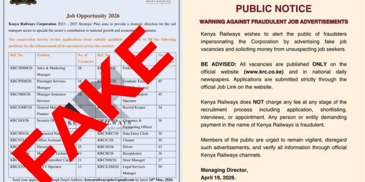 A photo collage of a fake job poster and a press statement by Kenya Railways cautioning Kenyans falling preys to fake job alerts. PHOTO/ File 