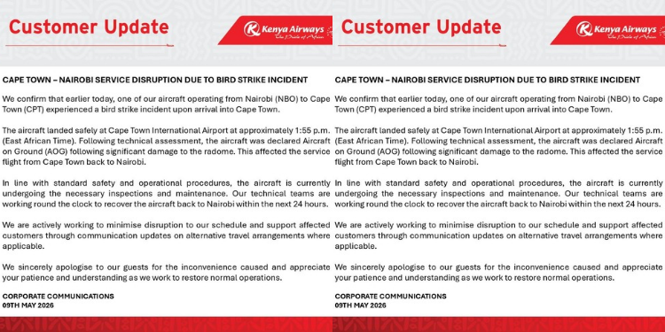 Kenya Airways Statement on Disrupted KQ flightsPHOTO/Kenya Airways