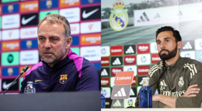 Barcelona Head Coach Hansi Flick and Real Madrid Head Coach Alvaro Arbeloa PHOTO/Club Accs