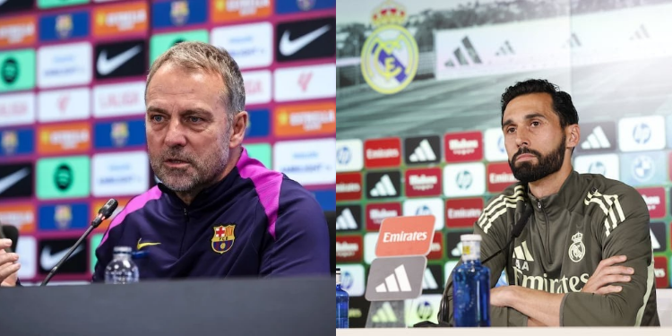 Barcelona Head Coach Hansi Flick and Real Madrid Head Coach Alvaro Arbeloa PHOTO/Club Accs