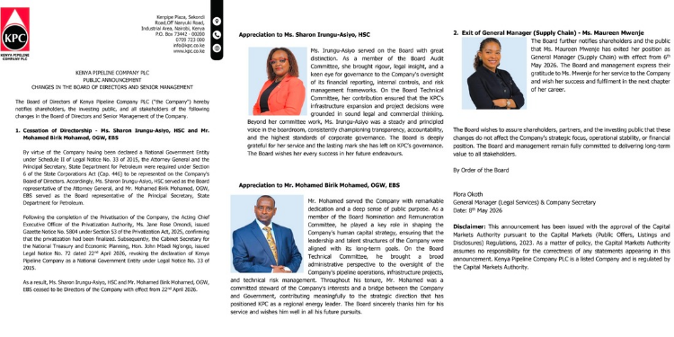 A public notice by Kenya Pipeline Company on the change of its top executive. PHOTO/ KPC 