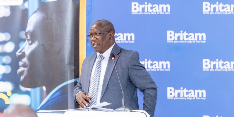 Chief Guest James Muriithi, CEO of Savannah Mabati Ltd, addresses SMEs during the Britam Biashara Network forum at the Eton Hotel, Thika, on May 13, 2026.