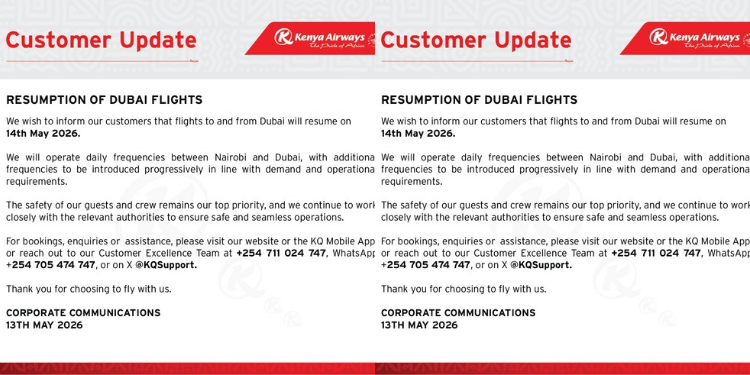 Kenya Airways Customer Update on Resumption of Dubai Flights PHOTO/Official Kenya Airways 