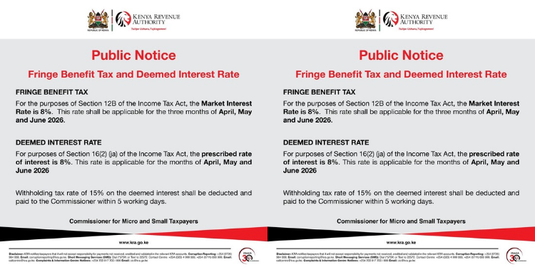 KRA Announces 8% Fringe Benefit Tax for April-June 2026PHOTO/KRA