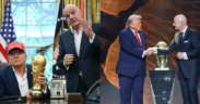 US President Donald Trump and FIFA President Gianni Infantino with the World Cup Trophy at the WhiteHouse in August 22,2025 PHOTO/WhiteHouse