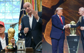 US President Donald Trump and FIFA President Gianni Infantino with the World Cup Trophy at the WhiteHouse in August 22,2025 PHOTO/WhiteHouse