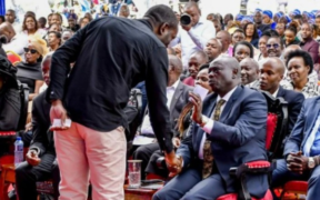 Democracy for Citizens Party (DCP) leader Rigathi Gachagua greets Nairobi Senator Edwin Sifuna in Kieni, Nyeri County on May 14, 2026. Photo/Pauline Njoroge