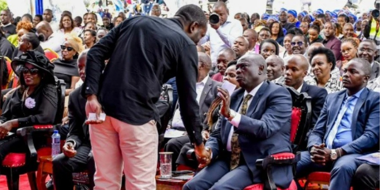 Democracy for Citizens Party (DCP) leader Rigathi Gachagua greets Nairobi Senator Edwin Sifuna in Kieni, Nyeri County on May 14, 2026. Photo/Pauline Njoroge