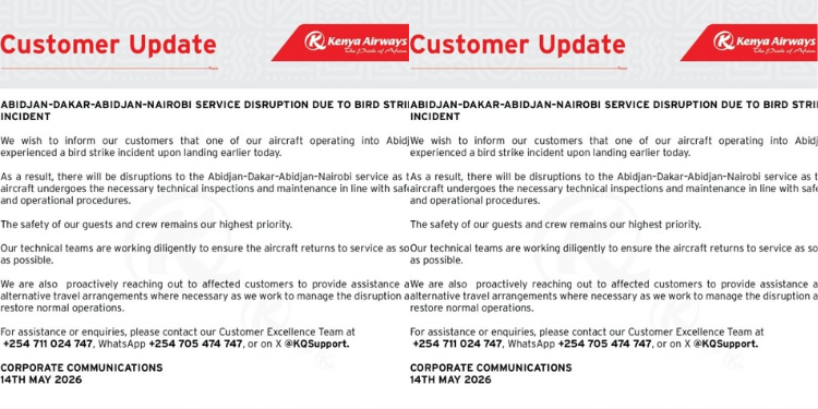 A notice by Kenya Airways to its costumers on Abidjan flight disruptions due to bird strikes. PHOTO/ KQ