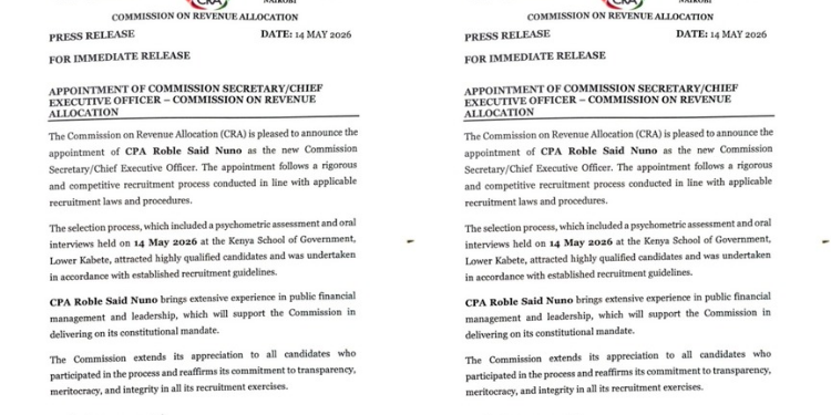 A notice by CRA on appointment of CPA Roble Said Nuno as the new Commission CEO. PHOTO/ CRA 