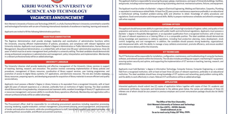 Job vacancies announcement released by Kiriri Women’s University for various positions, requirements and how to apply. PHOTO/ File 