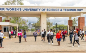 Kiriri Women's University students walking past the main entrance gate. PHOTO/ Kiriri