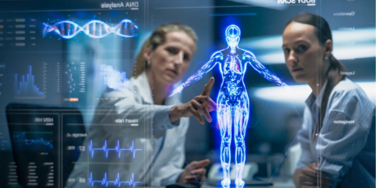 AI generated image of a lady in a lab pointing at an human anatomy structure. PHOTO/ Google