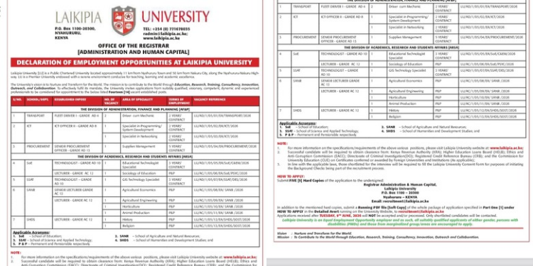 Laikipia University Listed Job Vacancies PHOTO/MyGov