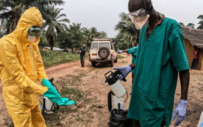 Health workers in DRC sanitise their gourmet after handling Ebola victims. PHOTO/ WHO