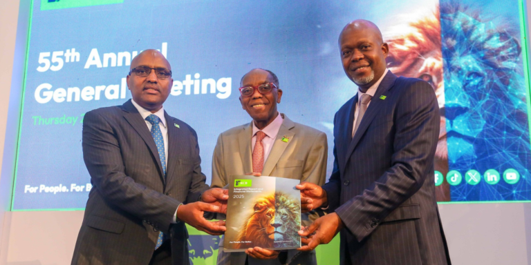 KCB Group Plc CEO Paul Russo and The Groups chairman Joseph Kinyua at the Nairobi Securities Exchange. PHOTO/ File