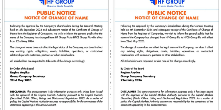 The notice of change of name from HF Group PlcPHOTO/HF Group Plc