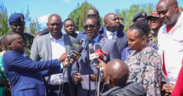 Education CS Julius Ogamba flanked by other leaders, PS Education Julius Bitok and Interior CS Kipchumba Murkomen speaking at Utumishi Girls Academy in Gilgil. PHOTO/ NPS