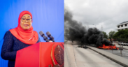 A photo collage of Tanzania President Samia Suluhu and the protests during and after the October 2025 general election