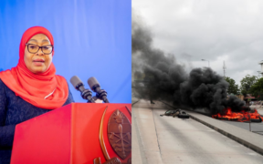 A photo collage of Tanzania President Samia Suluhu and the protests during and after the October 2025 general election
